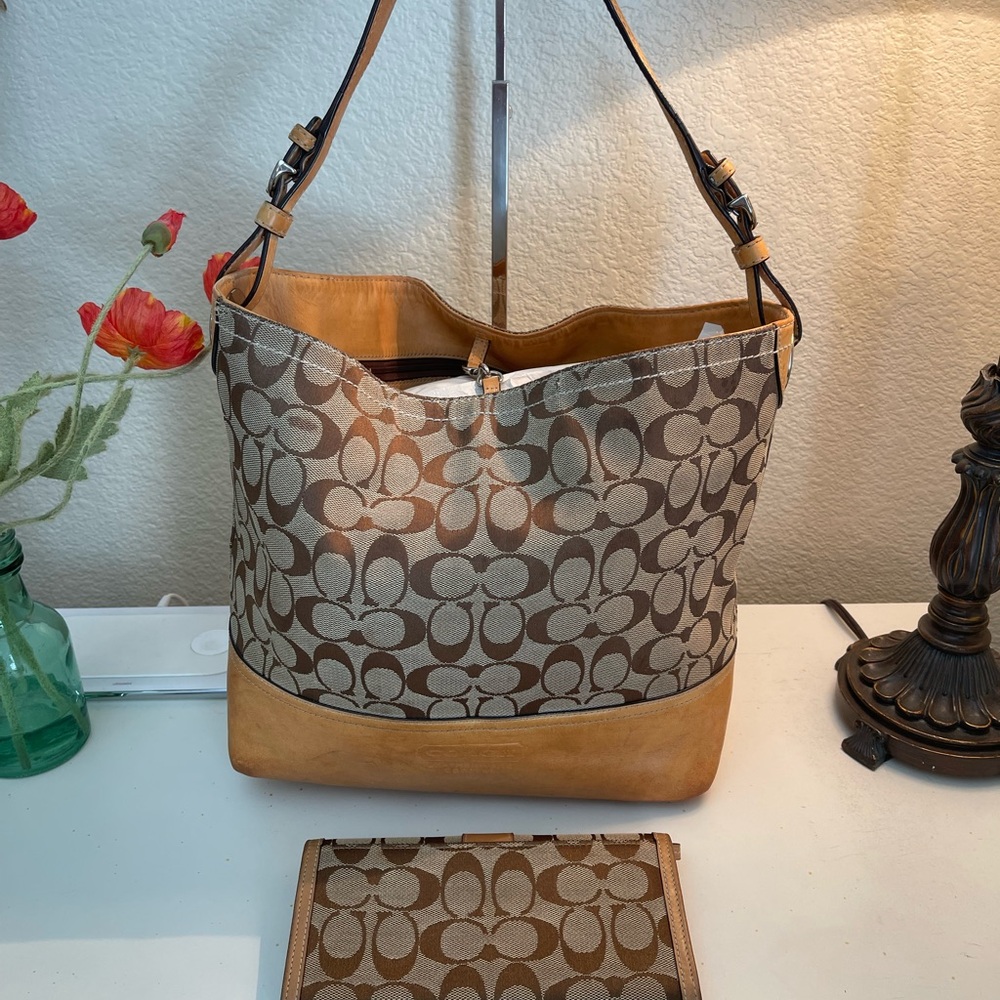 Coach Y2K Vintage Signature Jacquard Canvas Leather Hobo Shoulder bag & wallet - Picture 2 of 16